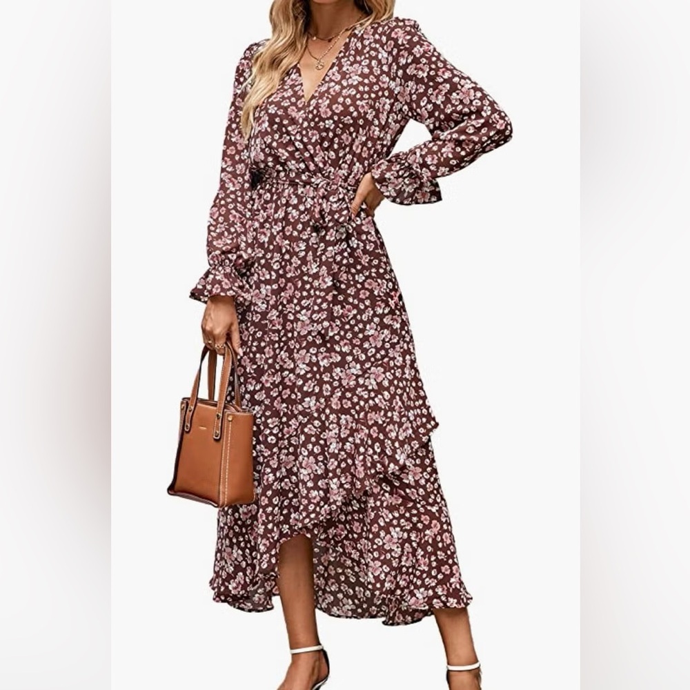 Womens Dresses Floral High Waist Ruffle Guest Cocktail Boho Long Sleeve Dress L‎ - Picture 2 of 3